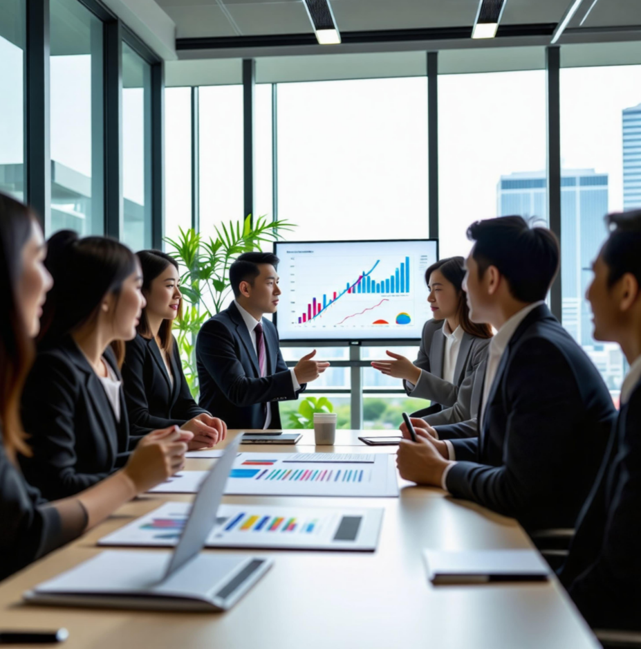 전문적인 마케팅 전략 회의를 진행하는 대기업 팀